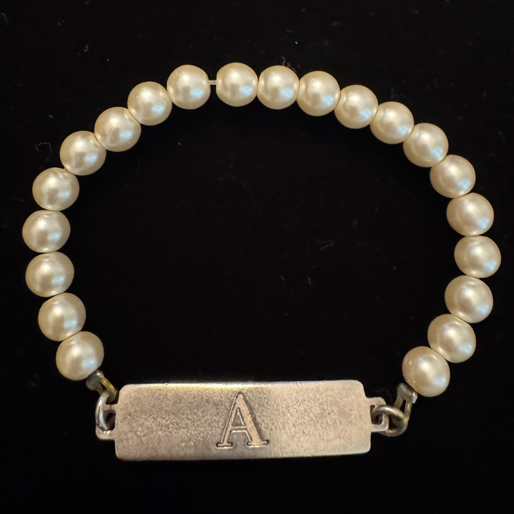 John Wind Pearl Bracelet w/Monogram Plate Initial A
